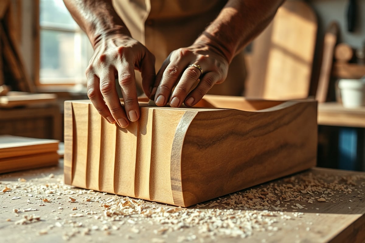 Hands sanding the fluted front of a mango wood drawer, fine shavings on the workbench