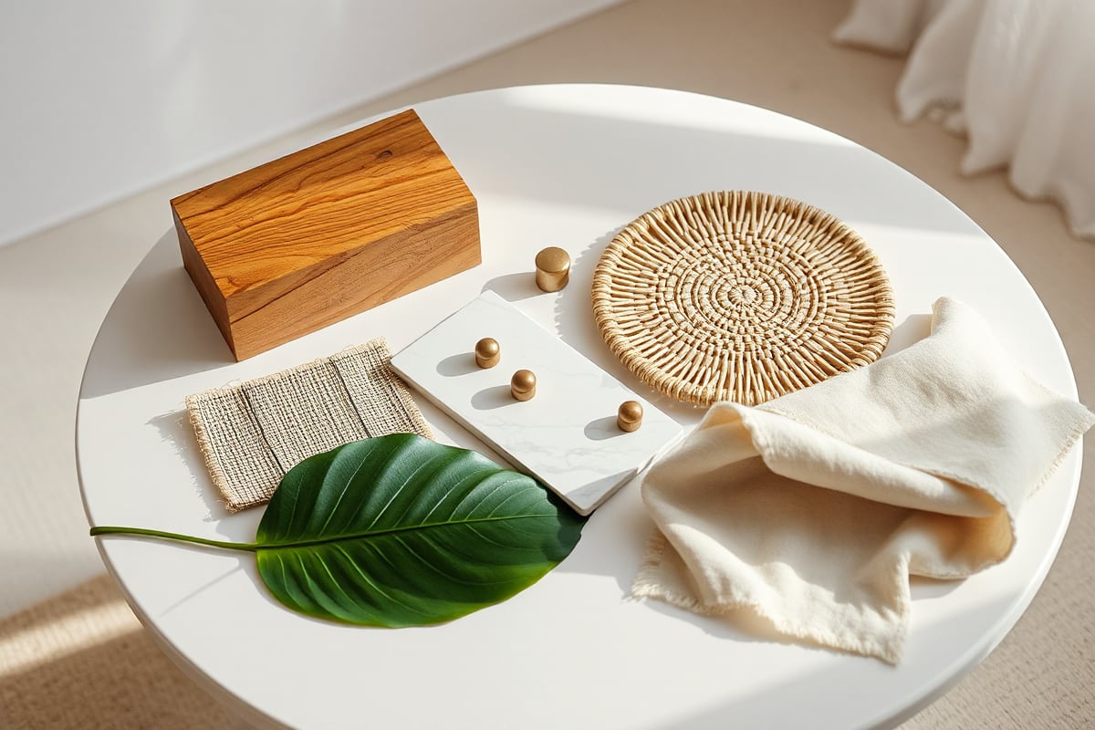 A material palette: mango wood block, woven rattan, brass pulls, marble offcut, and linen on a plaster table
